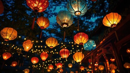 Colorful paper lanterns illuminated in the night, hanging in the air, with a string of fairy lights behind them.