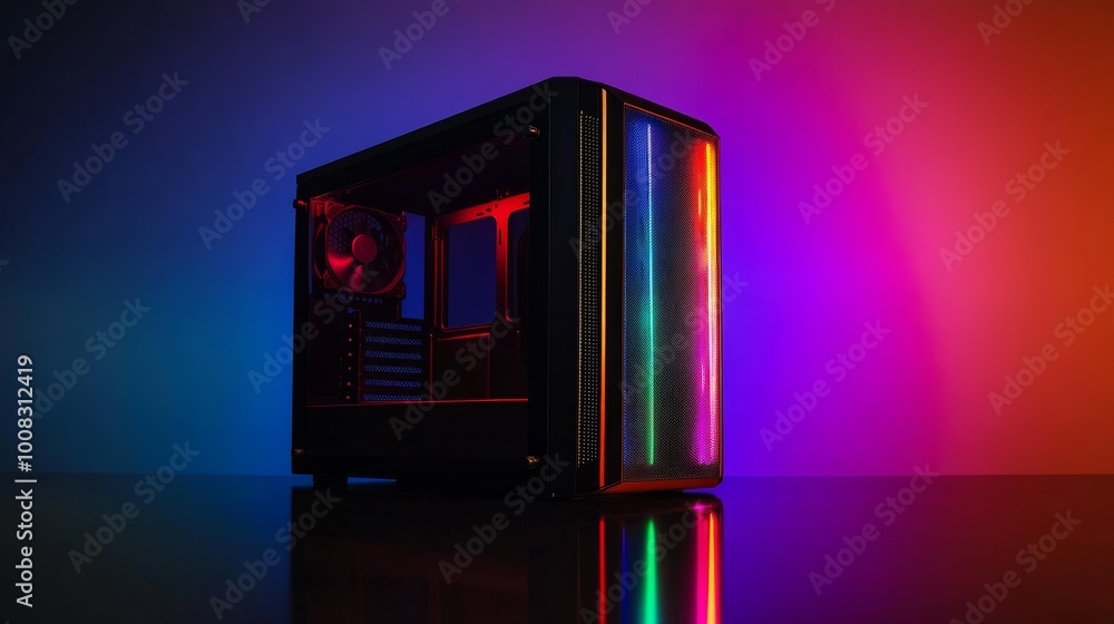 Poster premium gaming computer case with clear side window, rgb-lit hardware glowing inside, creating an ad