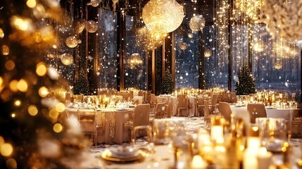 Elegant dining setup with festive decorations and warm lighting.