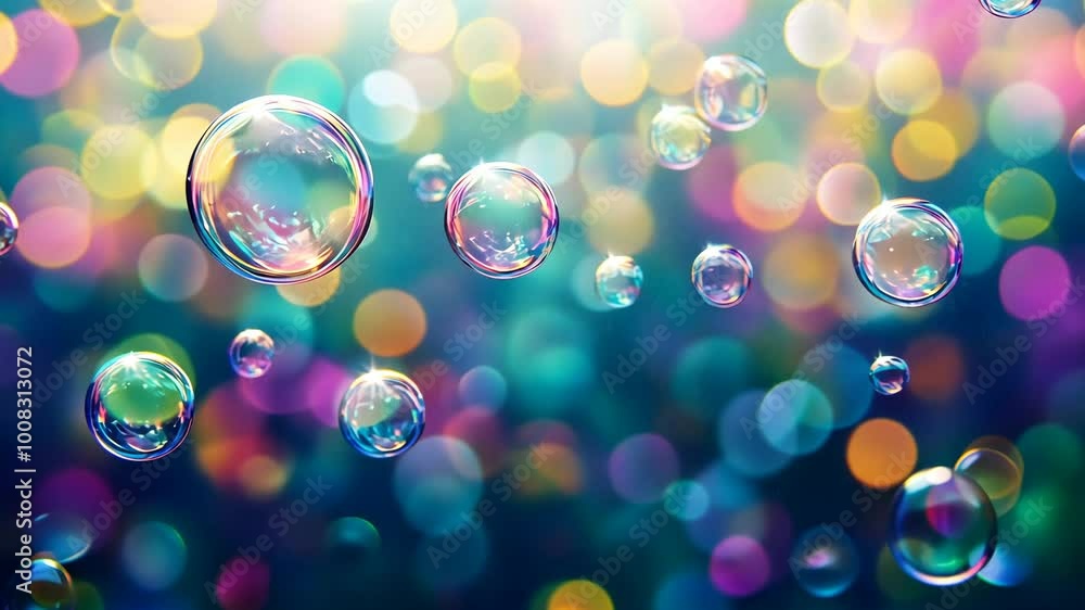 Aufkleber a vibrant collection of iridescent soap bubbles float in the air against a colorful bokeh background