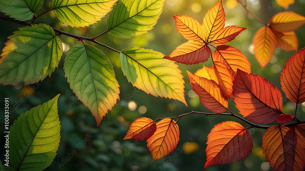 Poster autumn leaves on a branch in the rays of the setting sun generated by ai