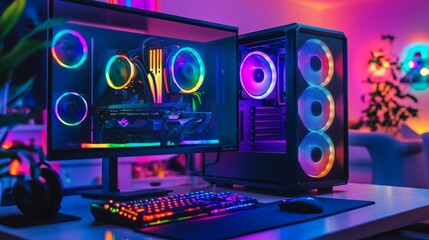 Fototapeta premium Sleek gaming PC case with clear window, colorful RGB-lit interior showcasing high-performance hardware, perfect for a high-end setup