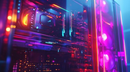 Obraz premium Transparent side window on a high-end gaming PC case, RGB-lit components inside creating a colorful and powerful gaming aesthetic