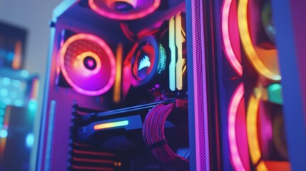 Transparent side window on a high-end gaming PC case, RGB-lit components inside creating a colorful and powerful gaming aesthetic