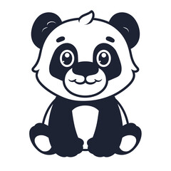 A cute panda bear is sitting on a white background. The bear has a big smile on its face and is looking at the camera