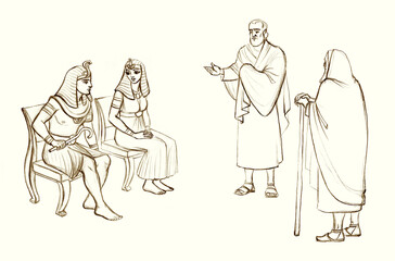 Moses and Aaron before Pharaoh. Pencil drawing