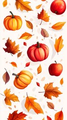 Colorful autumn leaves and pumpkins scattered on a white background celebrating the arrival of the fall season