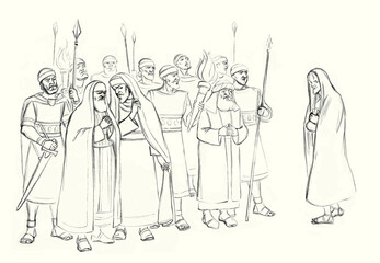 Pharisees and high priests with soldiers in Gethsemane. Pencil drawing