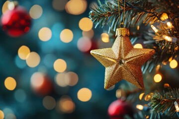 Festive golden star ornament on Christmas tree with holiday lights
