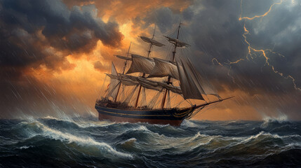Obraz premium oil painting, sailing ship in the ocean