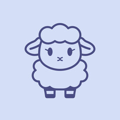 A cute cartoon sheep with a pink nose and a pink mouth. The sheep is standing on a blue background