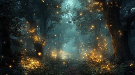 A magical forest path at night with glowing fireflies and fog.