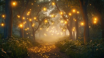 Fototapeta premium A magical forest path illuminated by glowing orbs hanging from branches in a mystical foggy atmosphere.