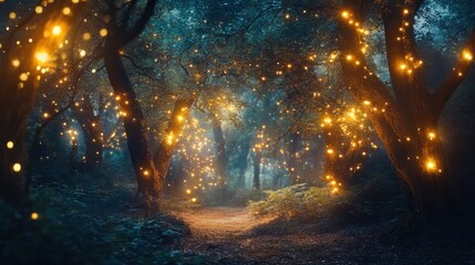 Magical Forest Path Illuminated by Fairy Lights.