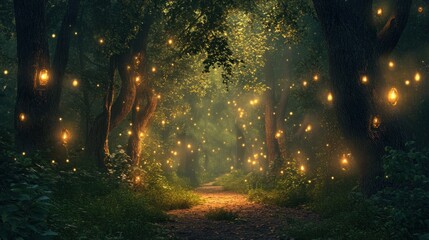 Fototapeta premium A magical forest path illuminated by glowing lights.