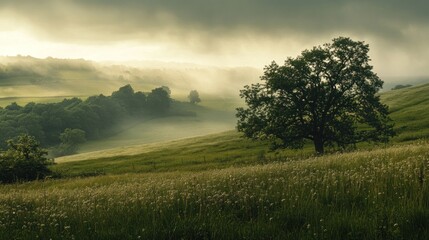Obraz premium A large oak tree stands alone on a grassy hillside as mist rolls in from the valley.
