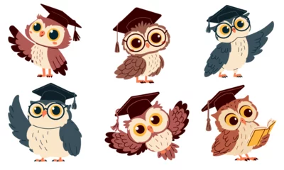 Fotobehang Uiltjes Set of flat vector illustrations in children's style. Cute owls with glasses and graduation hat, pointing with wing and reading books. Vector illustration  © Alena