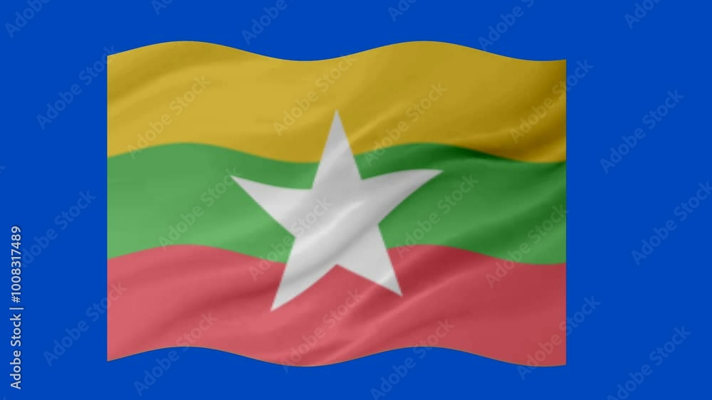 Poster myanmar waving flag loop animation with glowing 3d shade isolated on blue background