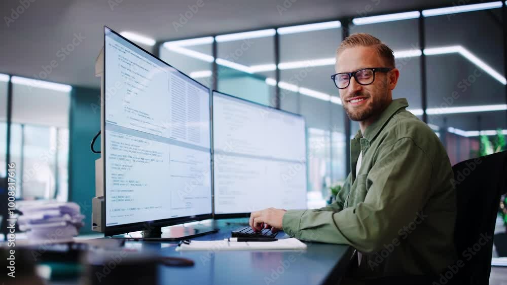 Poster Computer Programmer Writing Program Code On Computer