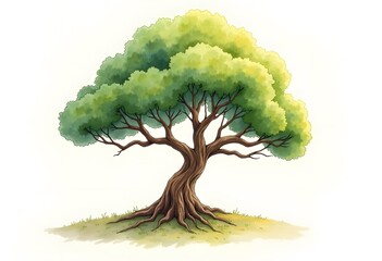 Oak tree in cartoon style Green leaves mighty brown trunk Grass and mushrooms grow at the foot of the tree Vector
