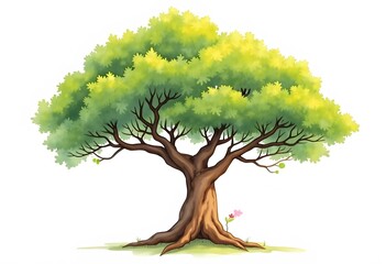 Oak tree in cartoon style Green leaves mighty brown trunk Grass and mushrooms grow at the foot of the tree Vector
