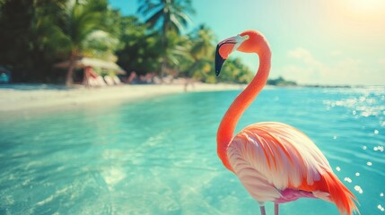 Fototapeta premium A lone flamingo stands in the shallows of a tropical beach with a beautiful blue sky in the background.