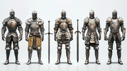 Naklejka premium Five Knights in Full Plate Armor Standing in a Row