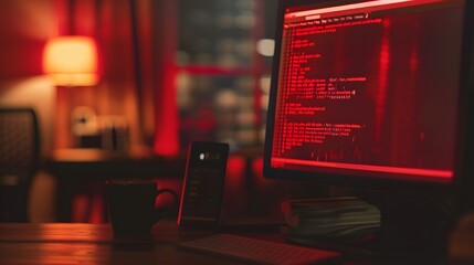 Computer screen showing red ransomware warning message in home office setting, highlighting cybersecurity threats and digital safety concerns