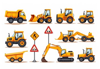 Road construction equipment. Road signs. Big set of ground works machines and vehicles. Loaders, bulldozer, tractor, scraper, grader, asphalt paver and mixer. Vector illustration. Icons. Flat style
