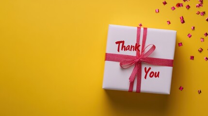 A gift box with a "Thank You" message on a bright yellow background, surrounded by confetti.