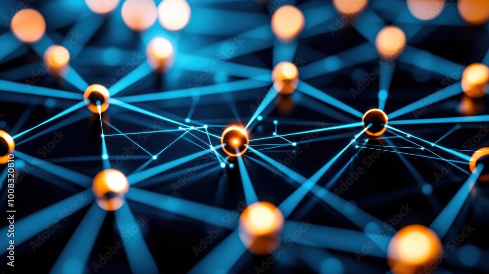 Poster abstract network connections with glowing nodes on a dark background.