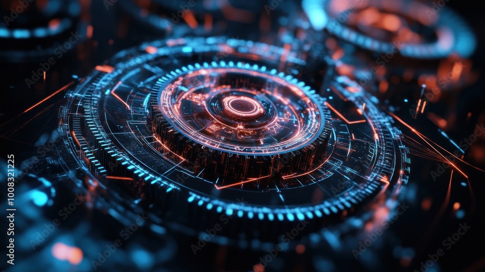 Poster abstract digital technology background with glowing blue and orange lines and circles.