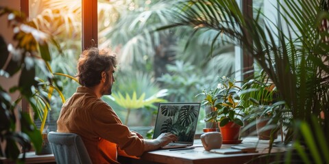 A man works from home with a view of nature outside an open window. The concept of remote work, freelancing