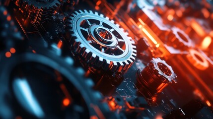 Fototapeta premium Close-up of a shiny metal gear with red glow.