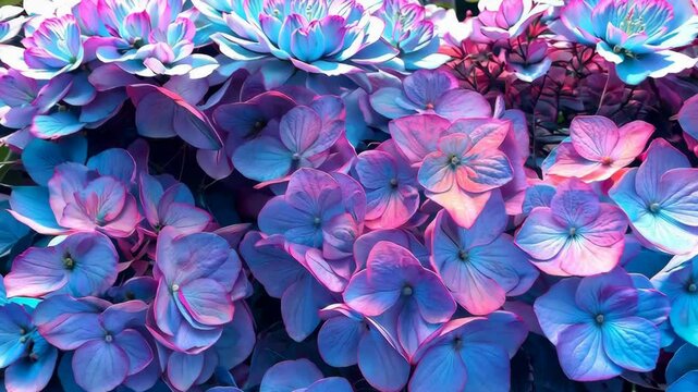 Enchanting bloom luminous purple and blue hydrangeas in a vibrant garden setting, 4k footage
