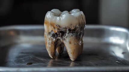 Detailed close-up of a decayed human molar tooth placed on a metal tray, showcasing significant decay and wear. The image emphasizes dental health issues, providing a clinical and educational focus