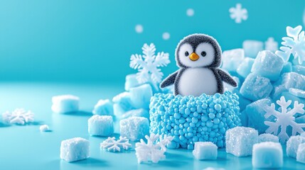 Obraz premium Cute penguin figurine surrounded by blue ice and snowflakes, perfect for winter-themed decor.