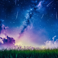 Magical night sky. A stunning view of the night sky studded with stars and milky way over a tranquil field. Meteors fly by, creating an atmosphere of magic and tranquility.