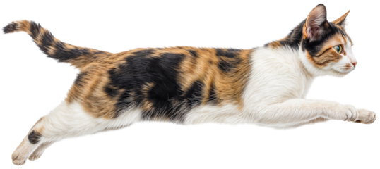 Isolated Image of a Jumping Calico Cat with White, Black, and Orange Fur in Mid-Air on Transparent Background for Pet and Animal Design Projects