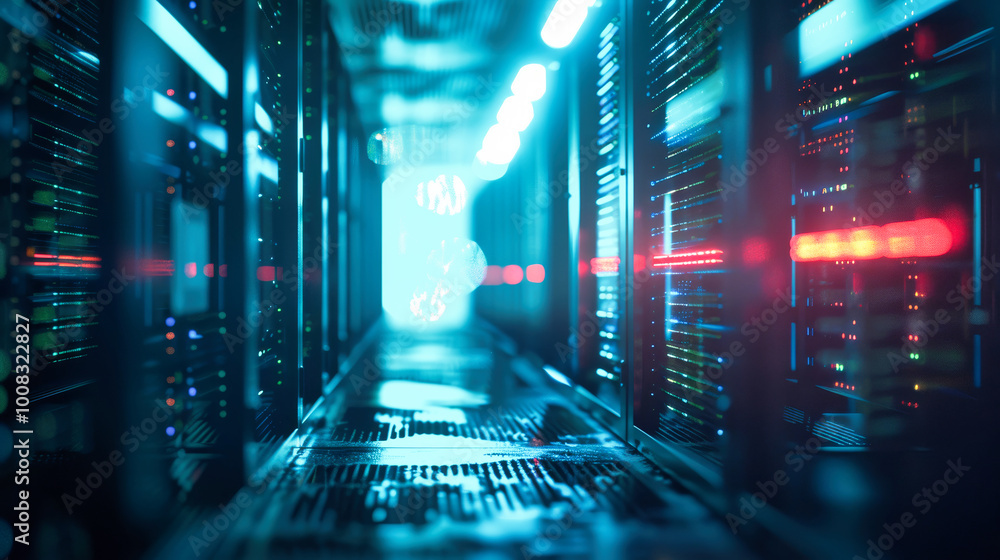 Poster data center with a row of computer servers. abstract generic concept of cyberspace, communication an