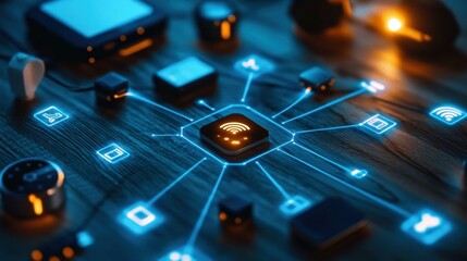 Futuristic microchip surrounded by glowing circuit connections on a wooden surface.