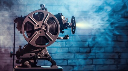Naklejka premium Vintage Film Projector with Smoke and Blue Light
