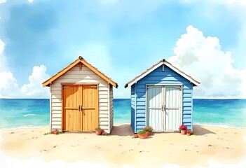 Beach huts or colorful bathing boxes on the beach

