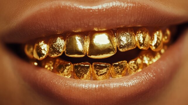 Close up of a woman's lips with gold teeth.