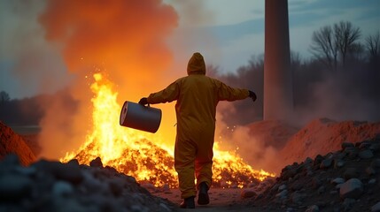 Obraz premium Firefighter man extinguishes a mountain of garbage