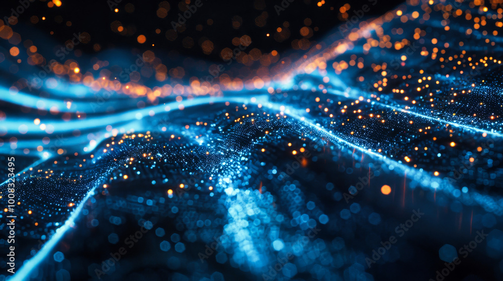 Poster abstract digital data stream with glowing lines on dark blue background