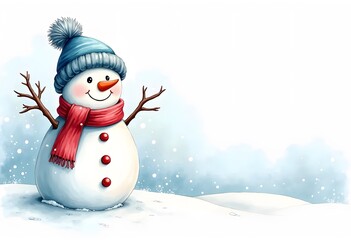 Obraz premium Christmas snowman in the red hat and plaid scarf. Vector illustration on white background. 