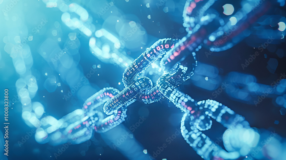 Poster digital blue chain with binary code on a dark background