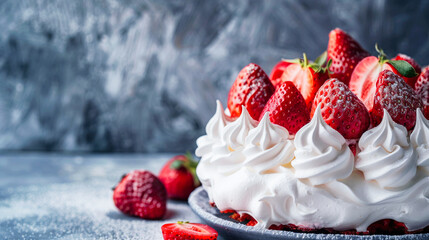 A tasty strawberry meringue cake with cream and strawberries on a grey background
