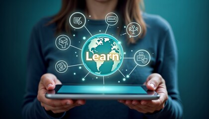 Young Woman Engaged in Online Learning with Tablet Displaying Globe and Educational Icons